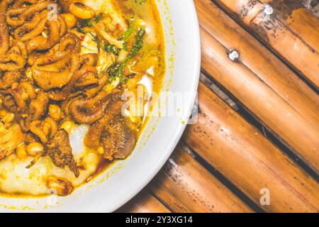 Bol de porridge de poulet servi avec des plats uniques. Porridge de poulet traditionnel avec des plats satay d'intestin de poulet, authentique traditionnel d'Indonésie Banque D'Images