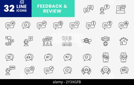 Icône de ligne définir les commentaires et avis ; étoiles de notation ; service client et service client ou assistance. Pack d'icônes de grand bundel. Fichier modifiable Illustration de Vecteur