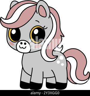 Animal de cheval chinois zodiaque de l'icône de signe du nouvel an. Asiatique kawaii style mignon illustration isolée de mascotte poney. Adorable poulain gris avec de grands yeux rester Illustration de Vecteur