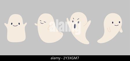 Ensemble de fantômes de dessin animé mignons avec diverses expressions. Illustration vectorielle d'Halloween des esprits amicaux et Spooky, parfait pour le décor de fête Illustration de Vecteur