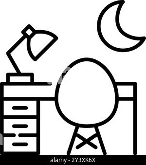 Bureau confortable avec lampe, chaise moderne et croissant de lune. Productivité nocturne, heures de travail calmes. Pixel Perfect, contour modifiable vecto Illustration de Vecteur