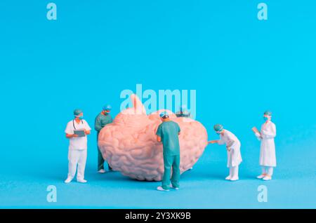 Équipe de médecins miniatures examinant en collaboration un modèle cérébral, mettant en évidence le travail d'équipe en recherche médicale et en neurologie. Banque D'Images