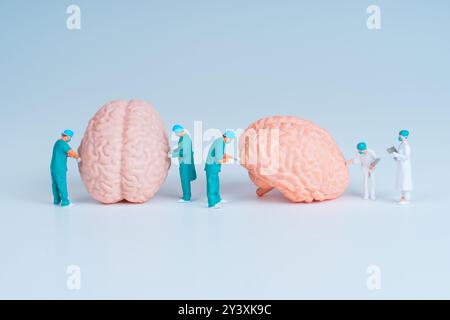 Groupe de figurines miniatures de chirurgiens effectuant des procédures sur deux modèles réalistes du cerveau, mettant en valeur la recherche médicale sur un fond clair. Banque D'Images