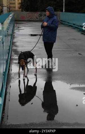 Ostrava, République tchèque. 15 septembre 2024. Inondation de la rivière Ostravice lors de fortes pluies dans le centre-ville d'Ostrava, République tchèque, le 15 septembre 2024. Crédit : Petr Sznapka/CTK photo/Alamy Live News Banque D'Images