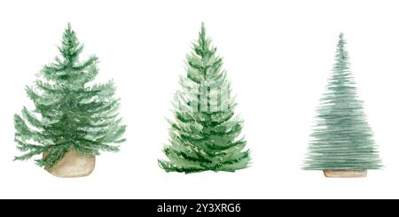 Illustration d'ensemble d'aquarelle avec trois arbres de Noël, sur fond blanc, dessiné à la main Banque D'Images