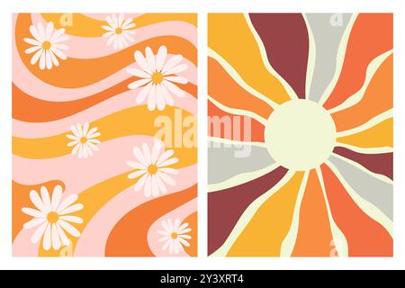 Deux motifs abstraits représentant un motif marguerite et un motif soleil dans une palette de couleurs rétro. Illustration de Vecteur