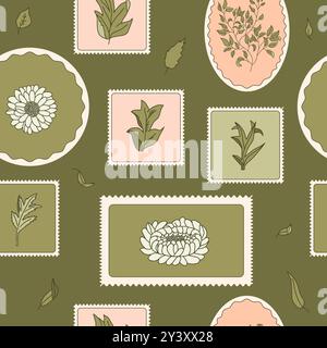 Motif sans couture de timbre floral avec illustrations botaniques. Arrière-plan vectoriel continu. Illustration de Vecteur