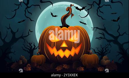 grosse citrouille d'halloween avec lune rose en arrière-plan Illustration de Vecteur