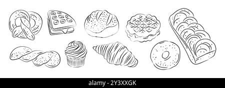 Ensemble de pains, différents produits de boulangerie faits maison Illustration de Vecteur