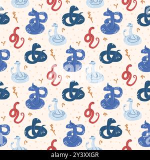 Motif serpent coloré avec des éléments floraux. Motif animal. Illustration plate dessinée à la main de vecteur. Illustration de Vecteur