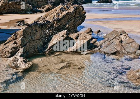 Une scène de plage sereine avec de grands rochers accidentés partiellement submergés dans l'eau claire. Le rivage sablonneux est visible, avec des vagues douces qui rodent à l'ed Banque D'Images