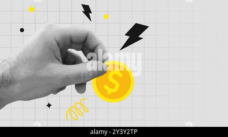 Collage rétro. Tenez l'argent à la main. Concept de revenu ou d'investissement. Illustration vectorielle Illustration de Vecteur