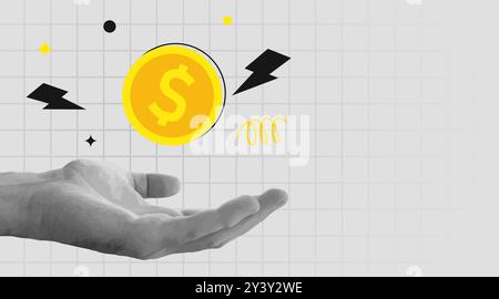 Collage rétro. Tenez l'argent à la main. Concept de revenu ou d'investissement. Illustration vectorielle Illustration de Vecteur