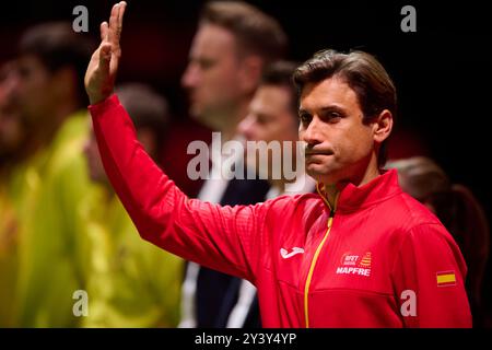 David Ferrer capitaine de l'équipe d'Espagne lors de la finale de la Coupe Davis du Groupe B en simple match le 15 septembre 2024 à Pabellon Fuente de San Luis (Valence). Banque D'Images