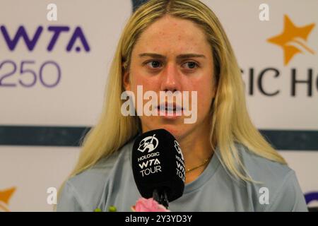 Monastir, Tunisie, 14 septembre 2024. Le joueur de tennis britannique Sonay Kartal intervient lors d’une conférence de presse au Jasmin Open de Monastir. Tunisie. Kartal doit affronter la slovaque Rebecca Sramkova lors du match final de l'Open de Jasmin. Le tournoi de tennis professionnel féminin a lieu au Magic Hotel Skanes de Monastir du 9 au 15 septembre 2024 Banque D'Images