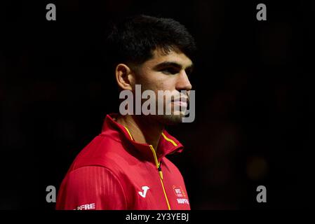 Carlos Alcaraz, de l'équipe d'Espagne, lors de la finale de la Coupe Davis, match en simple du Groupe B 1, le 15 septembre 2024 au Pabellon Municipal de Fuente San Luis (va Banque D'Images