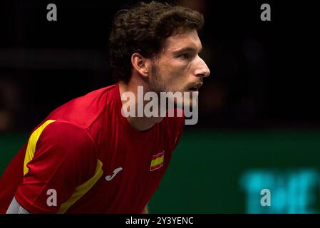 Pablo Carreno Busta, de l'équipe d'Espagne, contre Jordan Thompson, de l'équipe d'Australie, lors de la finale de la Coupe Davis du Groupe B, match en simple 1, le 15 septembre 2024 A. Banque D'Images