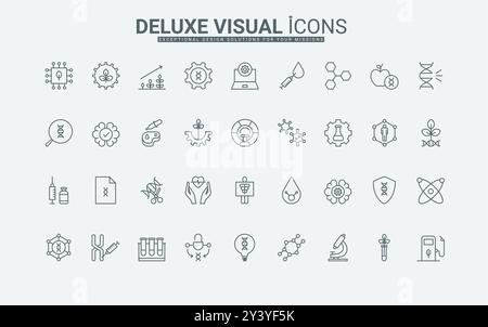 Recherche de mutations et couper l'ADN, hérédité dans le génome humain, viande cultivée, microscope de laboratoire illustration vectorielle de symboles de contour noir mince. Jeu d'icônes de ligne de recherche génétique et de biotechnologie. Illustration de Vecteur