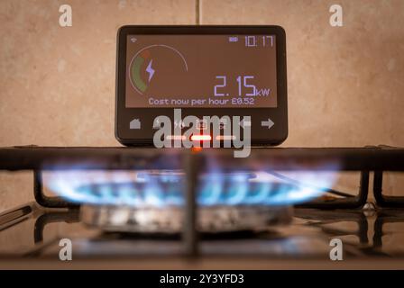 Un concept de consommation d'énergie et de coût avec un compteur d'énergie intelligent à proximité d'une cuisinière à gaz. Banque D'Images