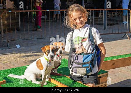 Happy Girl forme un chiot Jack Russell Terrier adulte pour une friandise sur un terrain d'entraînement par une journée ensoleillée. Agilité Banque D'Images