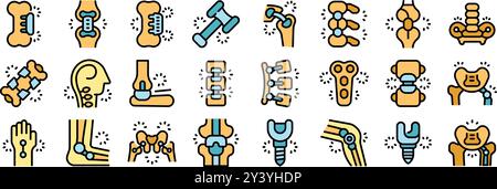 Cet ensemble d'icônes se concentre sur l'arthroplastie, présentant divers implants et procédures chirurgicales pour différentes articulations dans le corps humain Illustration de Vecteur