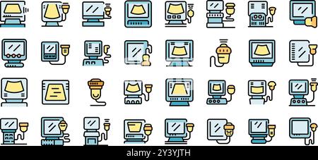 Jeu d'icônes d'échographe montrant les scanners médicaux pour la grossesse et le diagnostic des organes internes dans un style de contour rempli de couleur Illustration de Vecteur