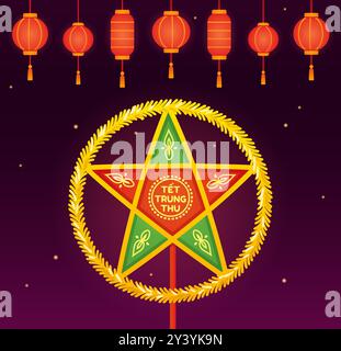 Lanterne étoile vietnamienne traditionnelle (Đèn Ông Sao). Tết Trung Thu signifie Festival de la mi-automne au Vietnam. Lanternes en papier la nuit. Clip art de bannière vectorielle Illustration de Vecteur