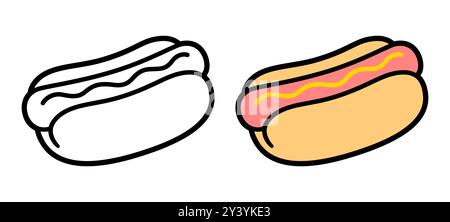 Hot dog de dessin animé, dessin de couleur et icône de ligne noir et blanc. Illustration clipart vectorielle mignonne et simple. Illustration de Vecteur