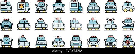 Cet ensemble diversifié d'icônes présente diverses voitures de police et véhicules d'urgence, mettant l'accent sur les concepts d'application de la loi, de sécurité et de sécurité publique Illustration de Vecteur