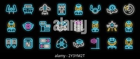 Cet ensemble d'icônes de néon présente divers aspects de l'aviation, des pilotes et des avions à l'infrastructure aéroportuaire et aux concepts liés au vol Illustration de Vecteur