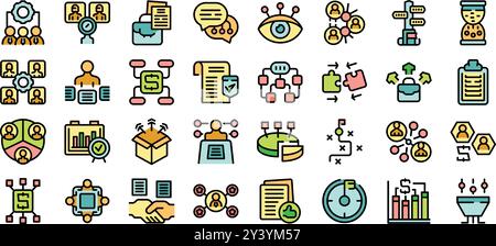 Cet ensemble d'icônes vectorielles présente divers aspects de la gestion des flux de travail, mettant l'accent sur l'efficacité et la collaboration Illustration de Vecteur
