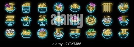 Nouilles asiatiques dans des bols, des assiettes et des boîtes avec des baguettes Neon icônes set vecteur. Collection de signes lumineux de divers types de plats de nouilles orientales Illustration de Vecteur