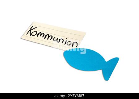 Communion. Mot allemand. Poisson bleu dans le coin. Isolé sur blanc. Espace libre pour le texte. Espace libre pour le texte. Espace libre pour le texte. Banque D'Images