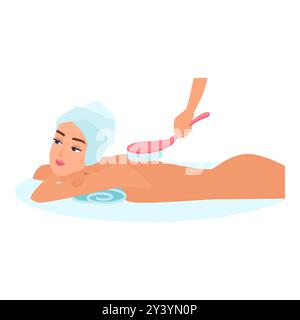 Illustration vectorielle d'une femme recevant un traitement de brossage du corps, symbolisant l'exfoliation et les soins personnels. Illustration de Vecteur