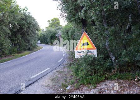 Un panneau d'avertissement triangulaire représentant un sanglier près d'une route forestière dans le Verdon, France, indiquant une activité de chasse en cours pour sensibiliser le conducteur. Banque D'Images