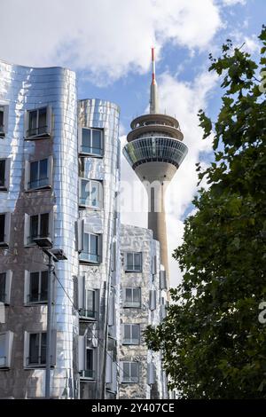 Düsseldorf , Allemagne - 25 août 2024 : emblématique tour de télévision du Rhin - tour de télécommunications en béton de 240 mètres de haut à Düsseldorf Banque D'Images