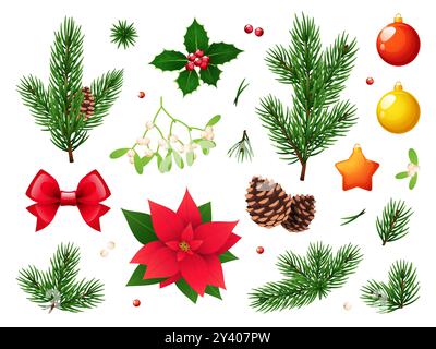 Branches d'arbre de Noël. Décorations de vacances, boules de verre du nouvel an, cônes de sapin et gui, houx, poinsettia, baies de Noël et feuilles, réaliste Illustration de Vecteur