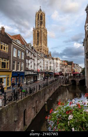 Utrecht, pays-Bas – 26 août 2024 : Dom Tower et canal Oudegracht dans la nuit illuminations colorées à l'heure bleue, Utrecht, pays-Bas Banque D'Images