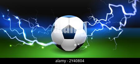 World Soccer ball Lightning. Match de football terrain de stade vert avec orage. Fond de bannière d'invitation à la compétition de jeu d'équipe de sport Illustration de Vecteur
