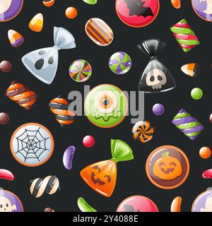 Trick ou traiter des bonbons sans couture motif. Bonbons répétés d'halloween, sucettes effrayantes, guimauves, décor de visage de citrouille. Textile, emballage, papier peint Illustration de Vecteur