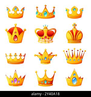 Couronnes de dessins animés. Symboles d'autorité royale d'or avec des bijoux, tiaras de roi, reine et princesse, coronas impériales, diadème médiéval, couronnement de prince Illustration de Vecteur