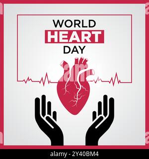 Conception de la Journée mondiale du coeur avec boîte de signe de battement de coeur, forme de coeur humain et icône de soin des mains Illustration de Vecteur