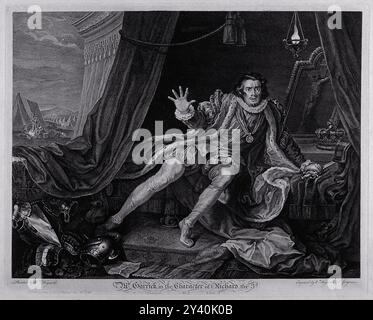 David Garrick (acteur anglais du XVIIIe siècle) incarne Richard III, surpris d'un cauchemar, entouré d'un camp militaire qui renforce la tension dramatique de la scène. Banque D'Images