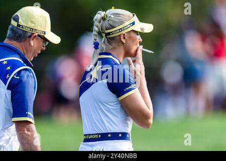 Gainesville, Virginie, États-Unis. 15 septembre 2024. LA COQUE CHARLEY de l'équipe Europe a de la fumée sur le troisième trou lors des matchs simples du troisième jour de la Coupe Solheim 2024. (Crédit image : © Robert Blakley/ZUMA Press Wire) USAGE ÉDITORIAL SEULEMENT! Non destiné à UN USAGE commercial ! Crédit : ZUMA Press, Inc/Alamy Live News Banque D'Images