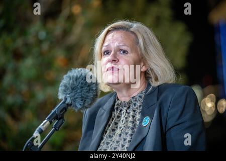 Samarcande, Ouzbékistan. 15 septembre 2024. Nancy Faeser (SPD), ministre fédérale de l’intérieur et de l’intérieur, intervient après la signature d’un accord migratoire avec l’Ouzbékistan. Crédit : Michael Kappeler/dpa/Alamy Live News Banque D'Images