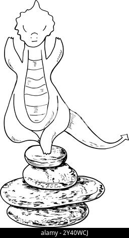 Méditer dragon debout sur des pierres d'équilibrage illustration isolée de vecteur. Animal pratiquant des exercices de yoga parmi une pile de pierres marines Illustration de Vecteur