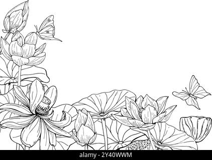 Nénuphar monochrome fleuri et cadre horizontal de papillons volants. Fleurs bouquet vecteur illustration dessinée à la main par des encres noires. Illustration de Vecteur