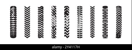 Ensemble de diverses pistes de pneus noirs isolés sur un fond blanc. Concept de modèles de véhicule, dessins de bande de roulement de voiture, marques hors route, empreinte de pneu distincte Illustration de Vecteur