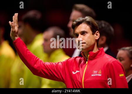 David Ferrer capitaine de l'équipe d'Espagne vu lors de la finale de la Coupe Davis Groupe B match simple à Pabellon Fuente de San Luis. Pablo Carreno Busta, de l'équipe d'Espagne, a gagné 2/6, 6/2, 7/6 Banque D'Images