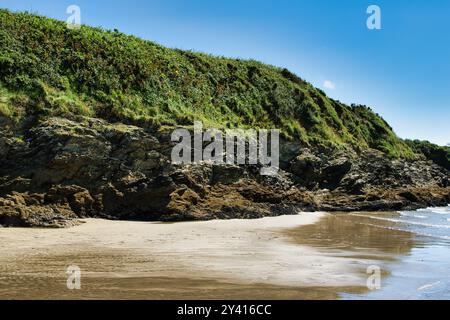 Une scène de plage sereine avec un littoral rocheux avec une végétation luxuriante sur les falaises. Le rivage sablonneux est mouillé par la marée, sous un ciel bleu clair. Banque D'Images